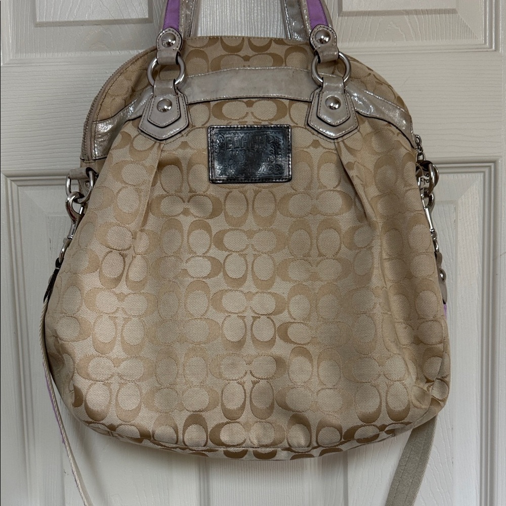 Coach Beige Signature Canvas Shoulder Bag with Purple & Orange Floral Appliqués - Picture 12 of 16